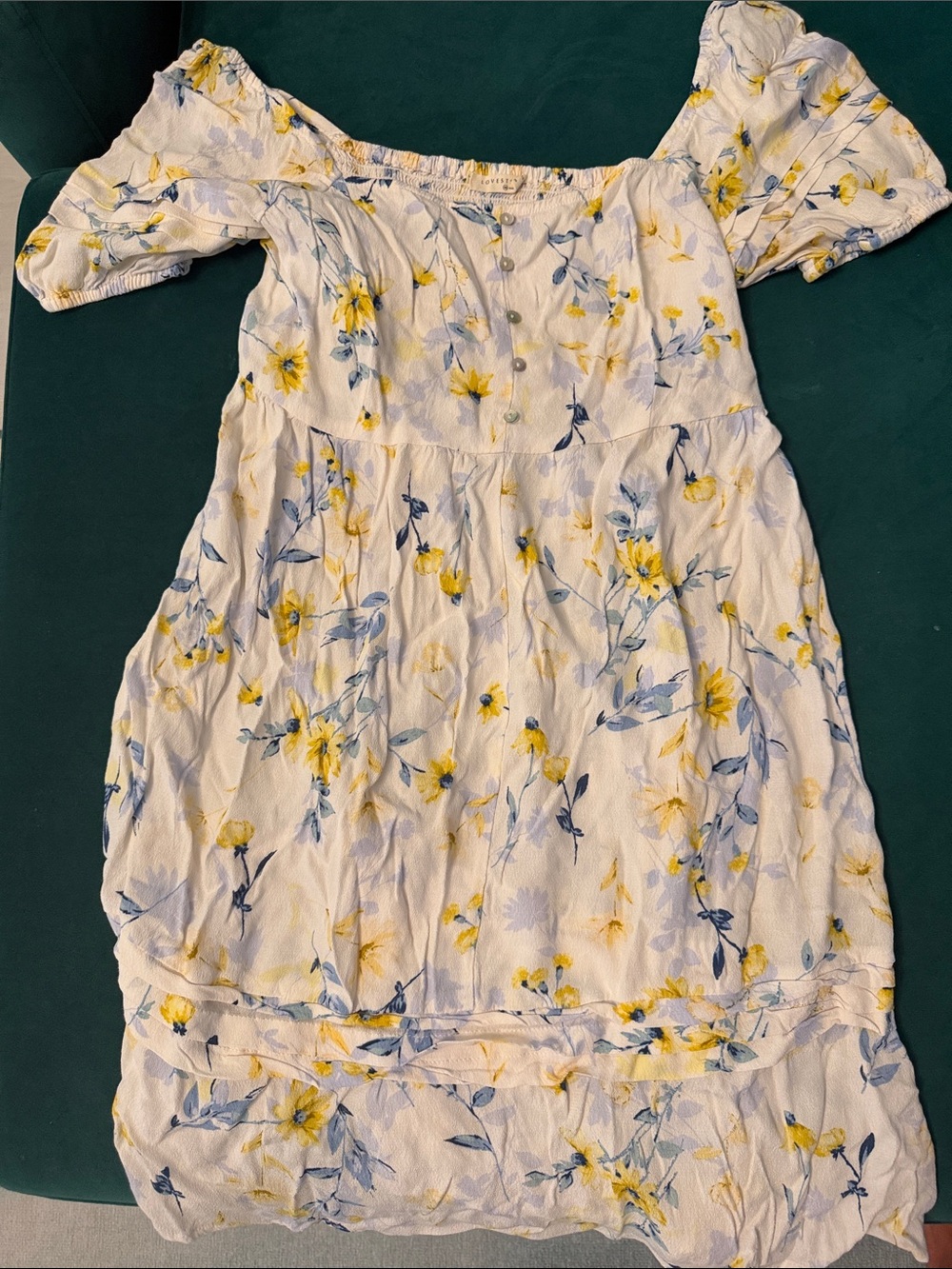 lovestitch White Off-Shoulder Mini Dress with Yellow & Blue Floral Print